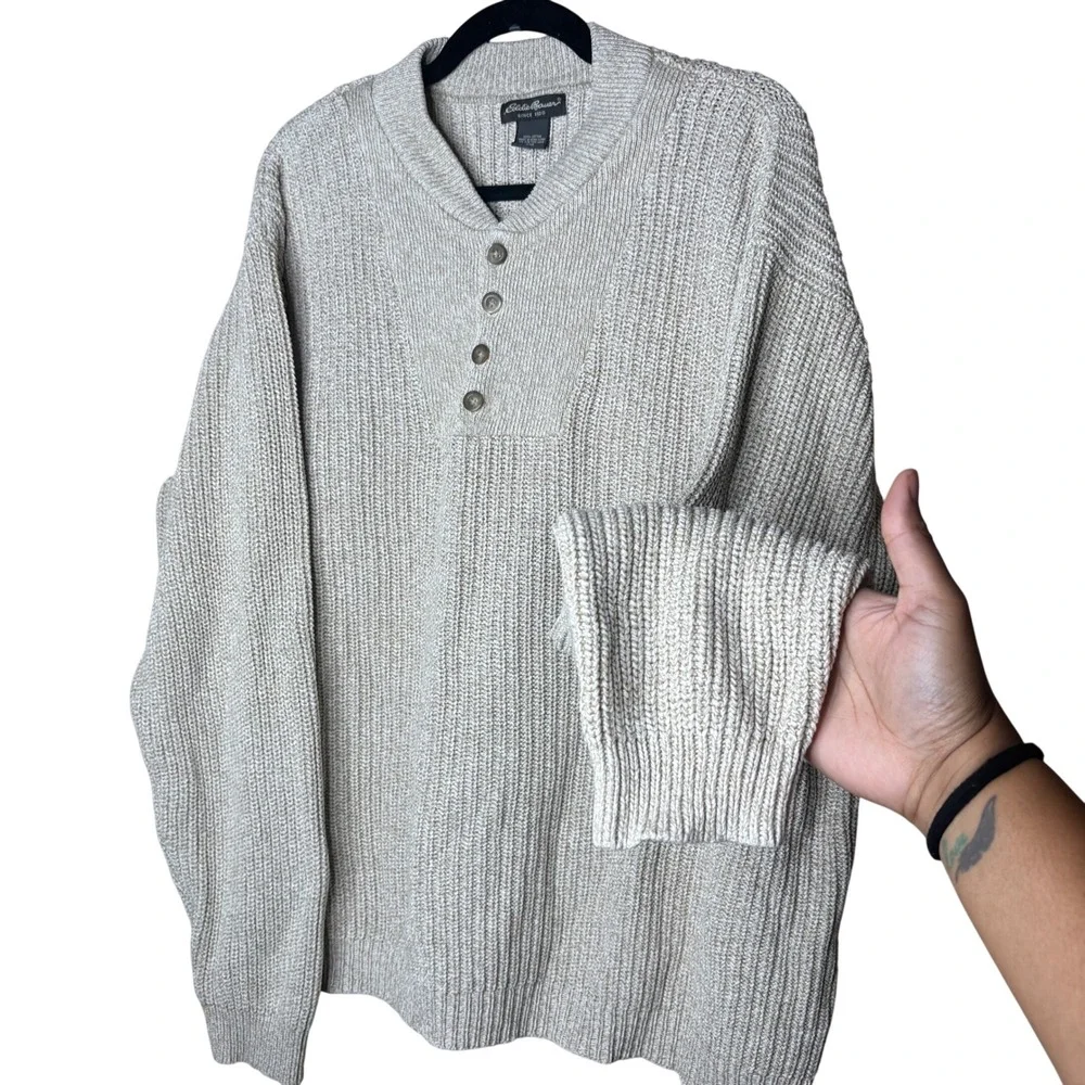 Eddie Bauer Mens XXL Beige Marled Cotton Heavy Chunky Knit Shawl Henley Sweater